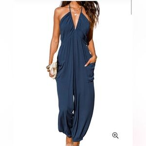 Luvani Plunge Halter Jumpsuit Elegant Navy Halter brand new never worn NWT